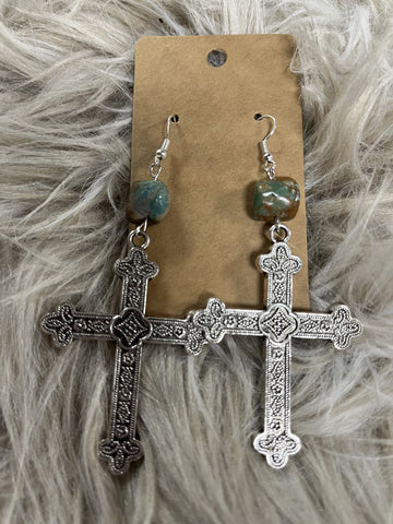 Cross Earrings With Real Turquoise